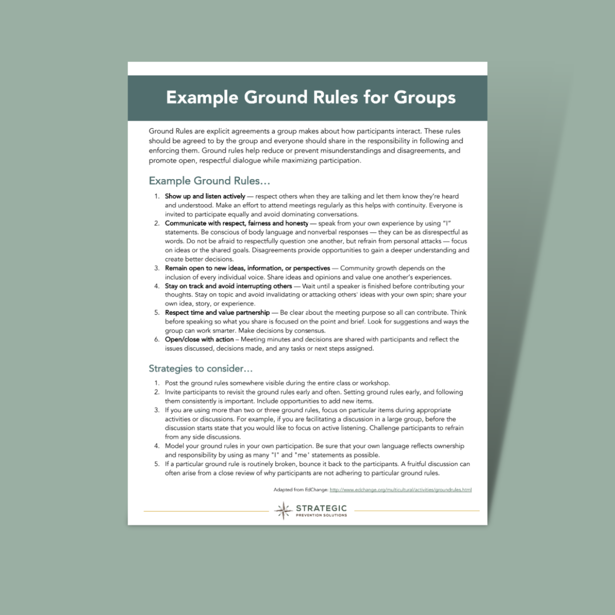 Developing Ground Rules for Groups Example